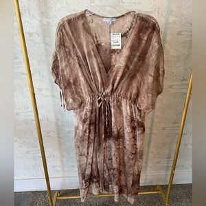 Brown button down swim coverup with adjustable waist.